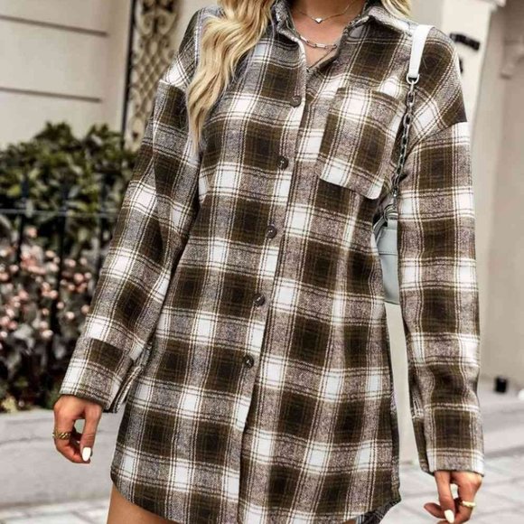Plaid Long Shirt Jacket - Picture 1 of 6